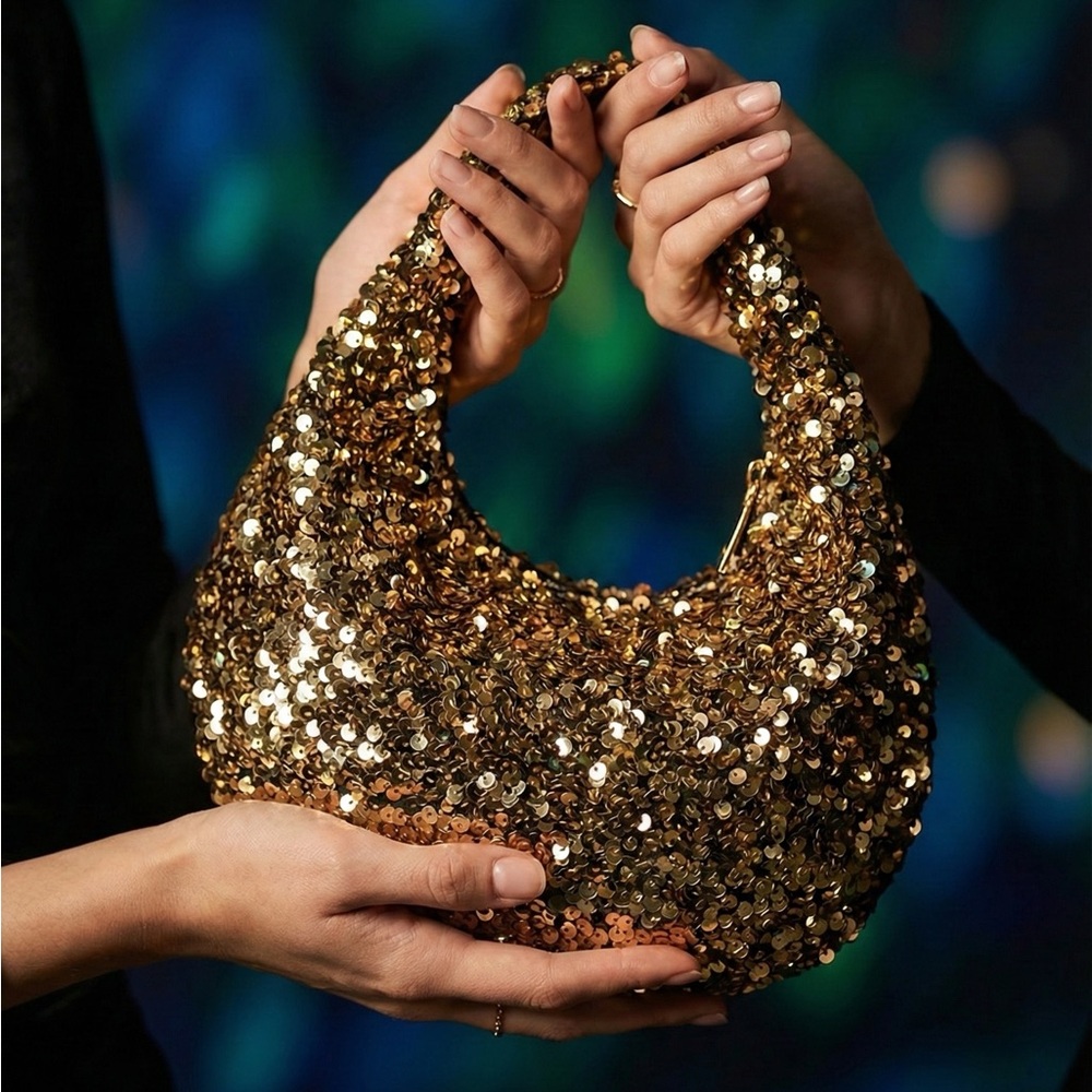 NWT Anthropologie Gold Paillette Sequin Crescent Bag